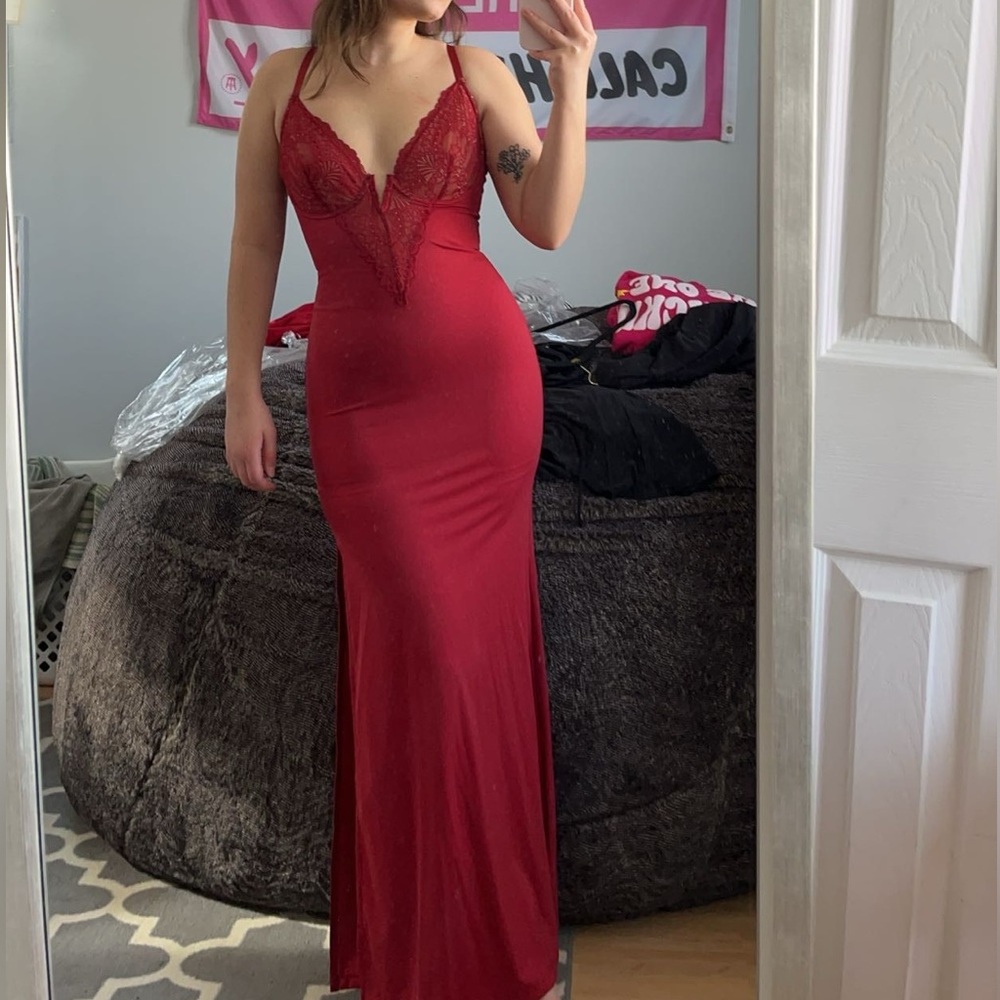 Popilush Built-In Shapewear Lace Slip Split Maxi Dress